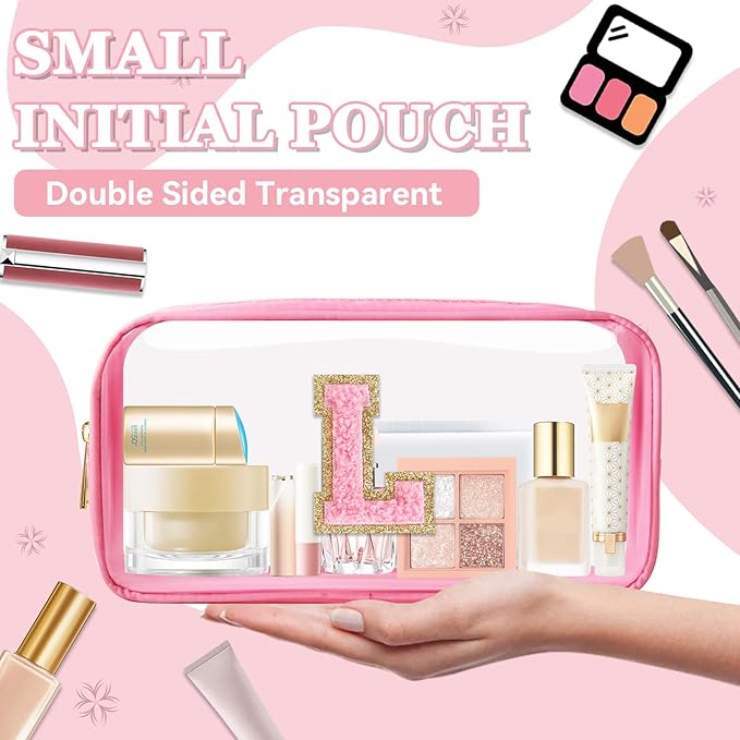 Small Clear Personalized Initial Makeup Bag,Nylon Preppy A-Z Chenille Letter Patch Cosmetic Pouch Beach Toiletry Bag,Waterproof Zipper Travel Purse Storage Bag Organizer for Women Girls(Pink-Pink L)