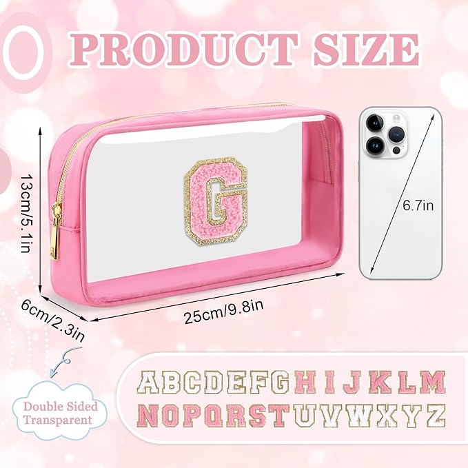 Small Clear Personalized Initial Makeup Bag,Nylon Preppy A-Z Chenille Letter Patch Cosmetic Pouch Beach Toiletry Bag,Waterproof Zipper Travel Purse Storage Bag Organizer for Women Girls(Pink-Pink G)