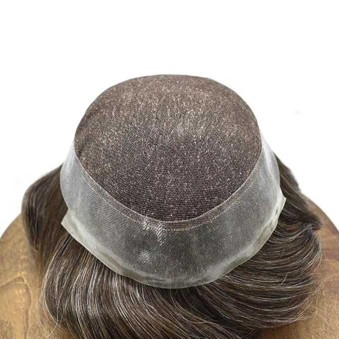 FACE MIRACLE Mens Toupee Lace Front Hairpieces Soft Human Hair Replacement System Natural Hairline Toupee for Men French Lace Poly V-Looped Mens hair Units 7"X9" #350 Dark Brown with 50% Gray