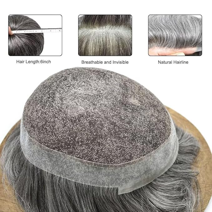 FACE MIRACLE Toupee for Men French Lace Hairpiece Human Hair Replacement System Skin PU Mens Toupee V-Looped Front Hair Piece 6X9#1B60 Off Black with 60% Gray-80% Light Density