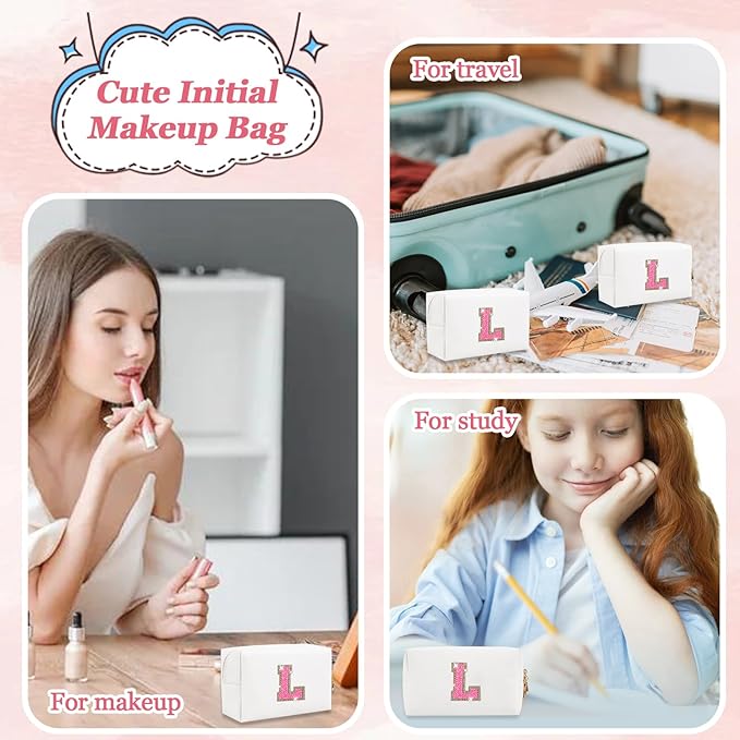 Initial Letter Patch Makeup Bag, Small Preppy A-Z Glitter Letter Cosmetic Bag, PU Leather Waterproof Travel Toiletry Bag, Cute Make Up Pouch Personalized Monogrammed Gift for Women Teen Girls