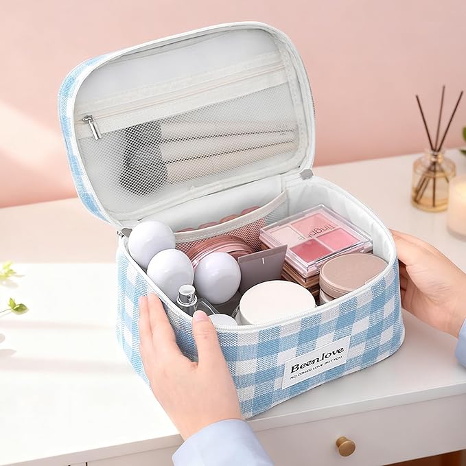 FAELBATY Checkered Makeup Bag, 3 Pack Large Travel Makeup Bag Set, Cosmetic Bag for Women (Blue)