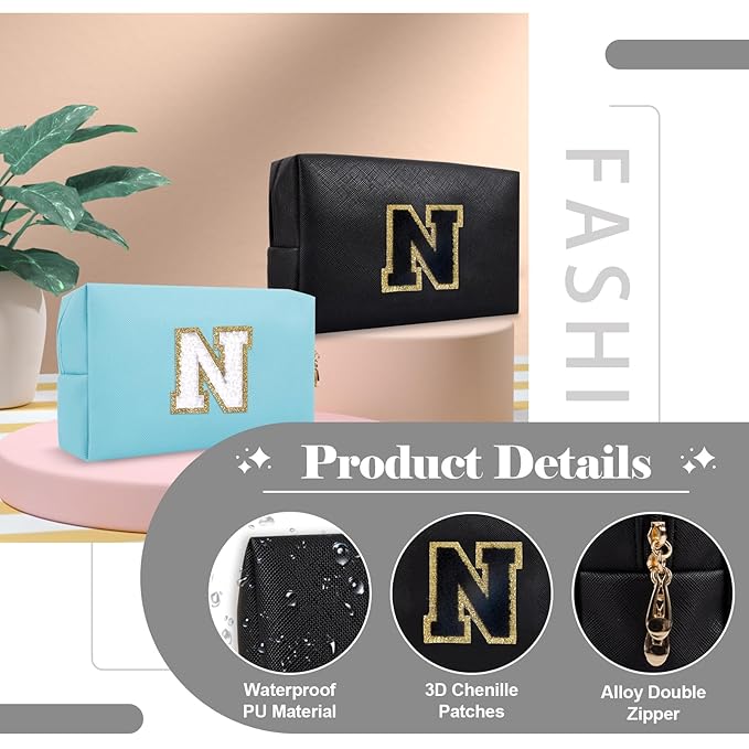 Personalized Initial A-Z Preppy Patch Makeup Bag,Small PU Chenille Letter Cosmetic Bag with Zipper for Teen Girls,Black Cute Toiletry Organizer Bag,Monogram Makeup Case Gift for Women Girls,Letter N