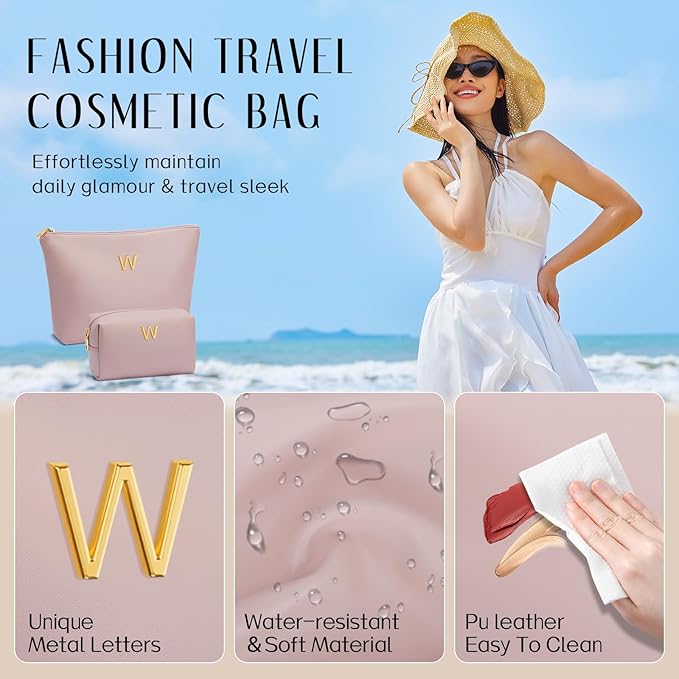 Women Gifts | Initial Makeup Bag Set for Girl Personalized Gifts for Bridesmaid Friend Graduation Teachers PU Leather Cosmetic Travel Toiletry Bag(Pink,W)