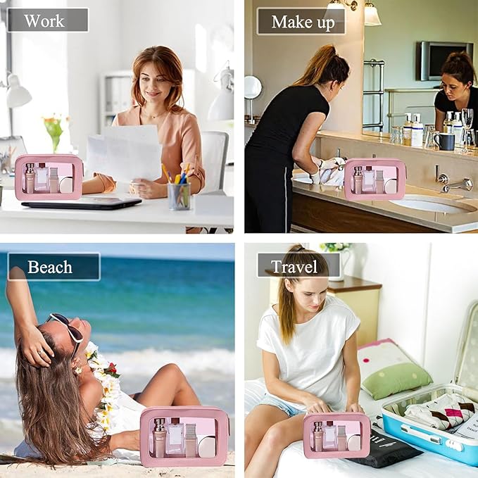 Clear and Waterproof Makeup Bag Portable Travel Cosmetic Case Organizer for Women Toiletry Pouch with Transparent Vinyl Windows & Zippers (White)