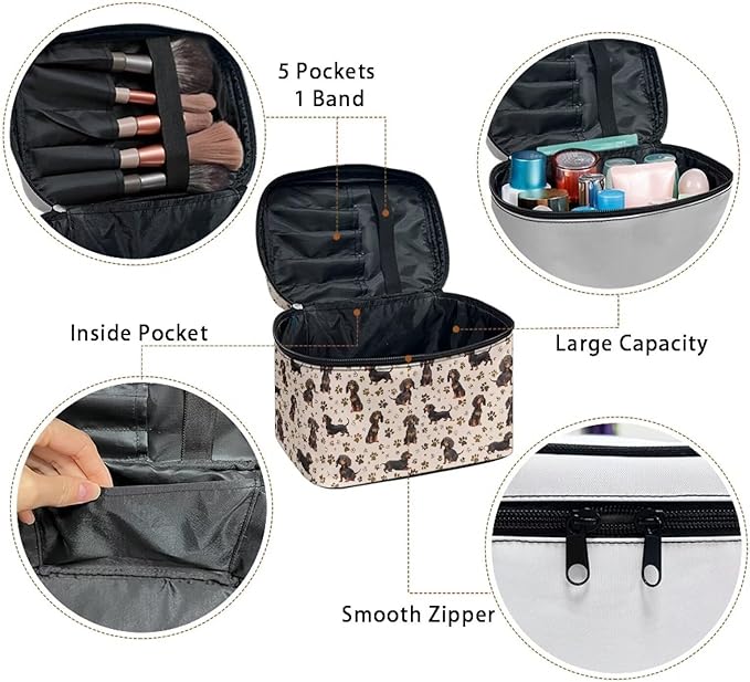 Dachshund Dog & Paws Print Travel Makeup Bags for Women Portable Tote Cosmetic Case with Carry Handle Toiletry Accessories Storage Organizer Bags, Beige