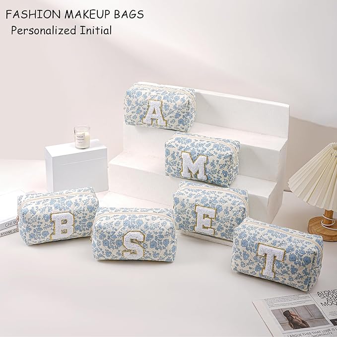 Gleyemor Personalized Initial Makeup Bag for Women, Cute Quilted Blue Floral Cotton Cosmetic Bag, Christmas Gifts for Her Mom Friend Sister Bridesmaid Teacher Women E