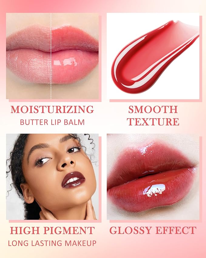 Butter Tinted Lip Balm-3 Colors Vanilla Beige Brown Pink Sugar Lip Gloss,Clear Jelly Yummy Tint Lip Stain,Long Lasting Hydrating Glow Reviver Lip Care Oil, Christmas Makeup Gift for Women-Set A