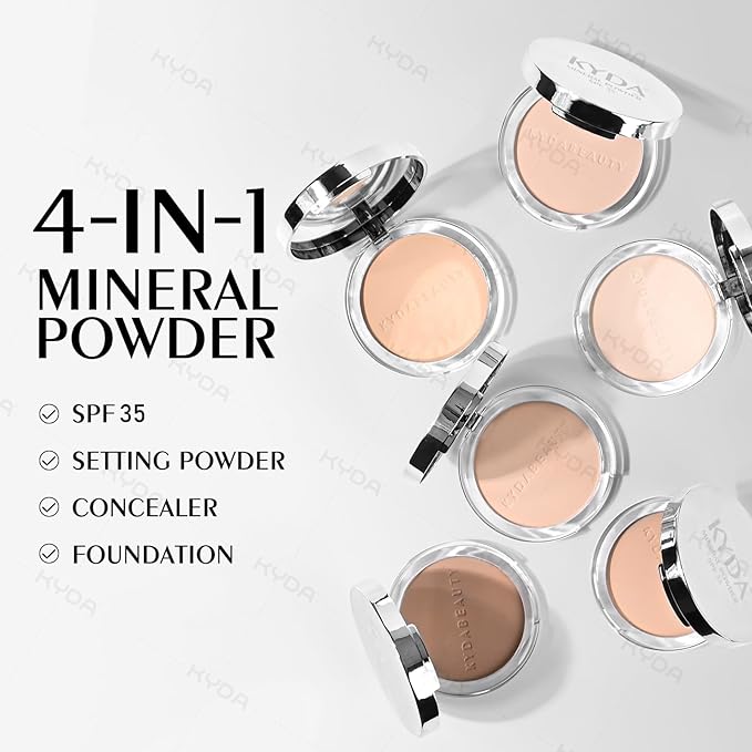 KYDA Mineral Powder, SPF 35, 4-in-1 Mineral Pressed Powder Foundation with Concealer and Setting, Matte Weightless Pressed Foundation, Light to Medium Coverage, #MEDIUM
