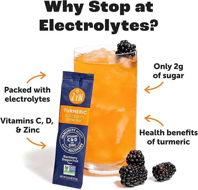 ZYN Electrolyte Drink Mix Hydration Packets, Electrolytes Powder, Hydration Packets w/Turmeric Curcumin, Vitamin C and D, Zinc, Hydrate Electrolyte Powder Packets for Wellness, Variety Pack of 24