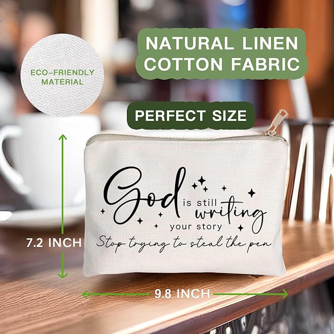 God is Still Writing Your Story Travel Bag Funny Christian Women of the Bible Makeup Bag Bible Quote Christian Quotes Scripture Makeup Pouch Linen Cotton Bag