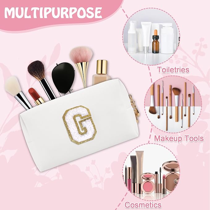 Personalized Initial Preppy Makeup Bag Organizer, Small Travel Cute White Cosmetic Bag Toiletry Zipper Pouch for Women, Portable Waterproof PU Makeup Case for Women Teacher Graduation Gift(Letter G)