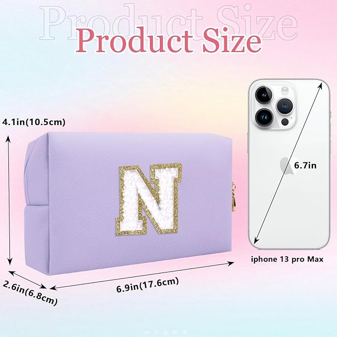 Small Personalized Letter Makeup Bag, Cute PU Leather Chenille Letters Cosmetic Bag Travel Makeup Pouch, Preppy Travel Organizer Zipper Pouch for Women&Girls（Purple-N）
