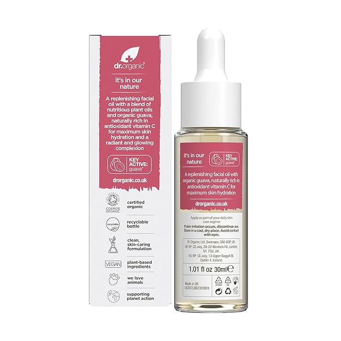 Dr. Organic Guava Vitamin C Moisture Boosting Oil | Hydrating & Brightening for Dull, Dehydrated Skin, With Tropical Guava Extract, 100% Natural Origin, Vegan, 30 mL / 1 fl oz