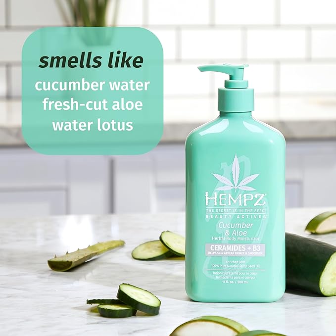 Hempz Body Lotion - Cucumber & Aloe Herbal Limited Edition Daily Moisturizing Cream, Shea Butter, Aloe, Cucumber Extract Body Moisturizer - Skin Care Products, Hemp Seed Oil - 17 Fl Oz