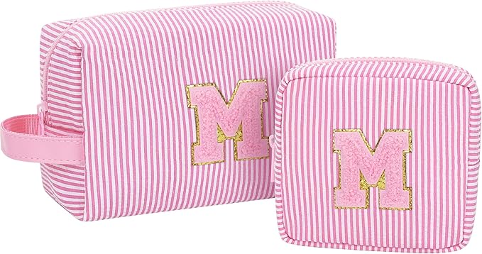 MONSTINA Mom Gifts for Mom, Personalized Initial Makeup Bag Cosmetic Bags for Women Cute|Makeup Pouch Birthday Gifts for Mother,Birthday Gift for Her Cute Toiletry Bag,2PCS Pink M