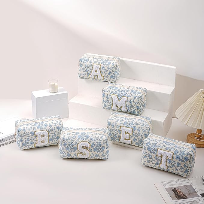 JOVAKIT Alphabet Makeup Bag Cosmetic Bag for Women, Christmas Gifts for Girls Age 6-18, Floral Flowers Coquette Travel Toiletry Zipper Make Up Pouch Organizer Trendy Stuff (2Pcs Blue Floral J)
