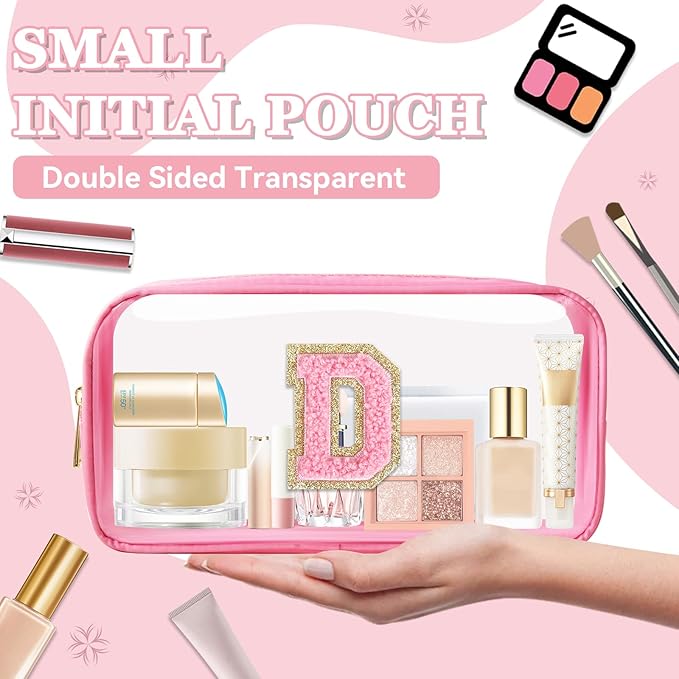 Small Clear Personalized Initial Makeup Bag,Nylon Preppy A-Z Chenille Letter Patch Cosmetic Pouch Beach Toiletry Bag,Waterproof Zipper Travel Purse Storage Bag Organizer for Women Girls(Pink-Pink D)
