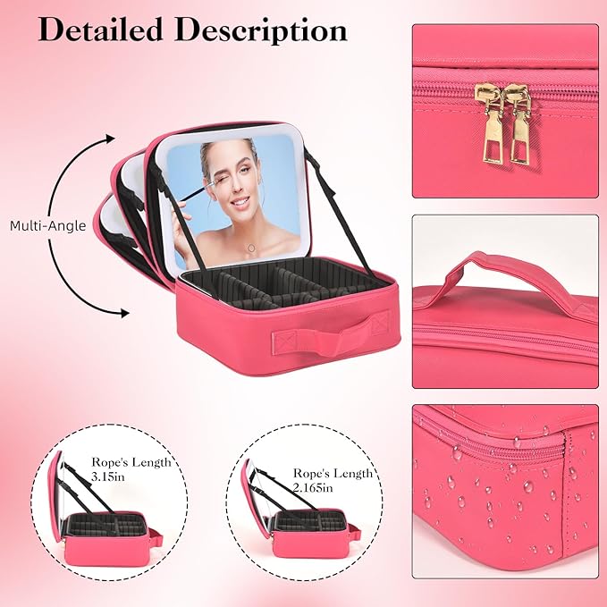 Travel Makeup Bag With LED Mirror,Cosmetic Train Case with 3 Color Setting,Cosmetic Makeup Organizer Bag with Adjustable Dividers,Portable Make up Box with Make up Brushes Holder Storage（Rose）
