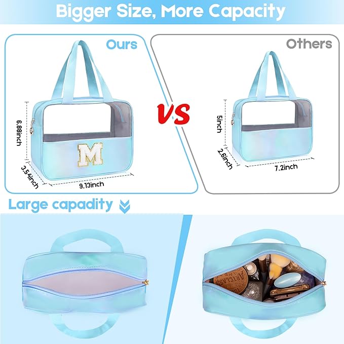 Personalized Initial Clear Makeup Bag Blue Cosmetic Bag Set Large Travel Toiletry Bag, Cute Clear Make Up Bags Organizer Bag for Girlfriend Teacher Gifts Teen Girl Gifts Trendy Stuff C (Blue)