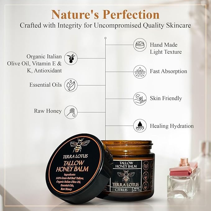 Organic Grass-Fed Beef Tallow Balm with Raw Honey - Moisturizing Cream for Soft, Smooth Skin - Handmade All-Natural Moisturizer (2 Oz, Unscented)