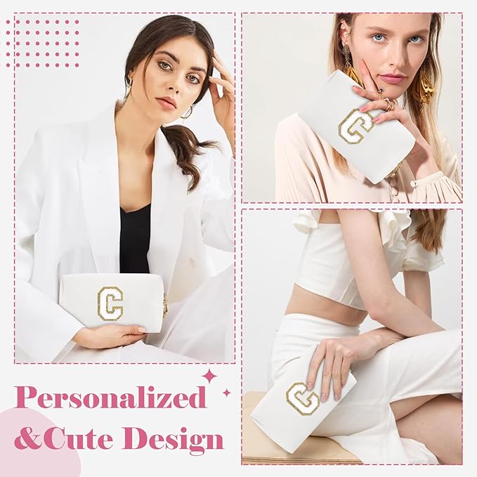 Small Personalized Initial A-Z Preppy Patch Makeup Bag,White PU Chenille Letter Travel Cosmetic Pouch with Zipper,Cute Toiletry Bag,Gift Ideal for Teen Girls Women Teacher Bridesmaid,Letter C