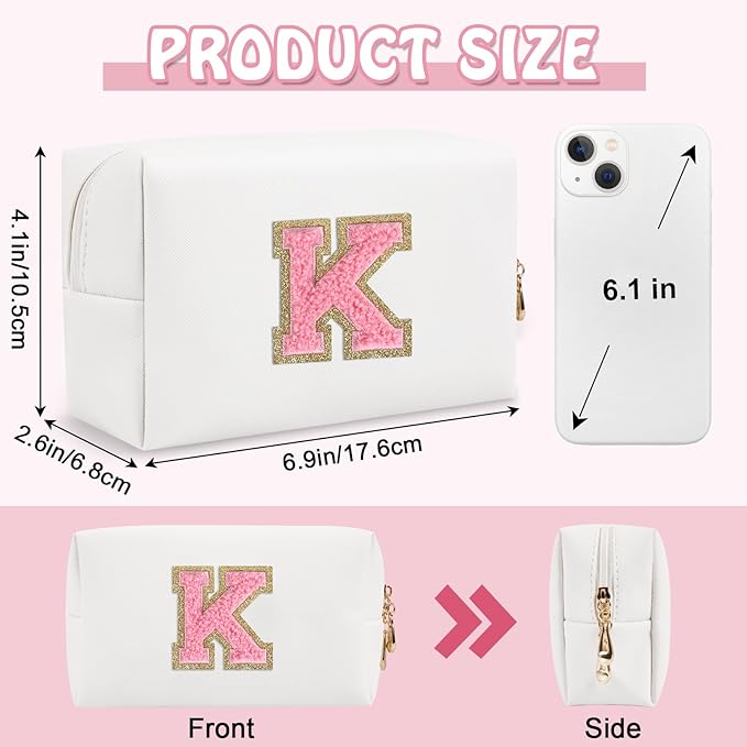 Personalized Small Preppy Makeup Bag, Chenille Letter White Initial Cosmetic Pouch Travel Toiletry Organizer, Waterproof PU Leather Makeup Storage Travel Essentials for Female Girl Teacher(Letter K)