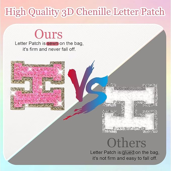 Small Personalized Glitter Initial Letter Makeup Bag, Cute PU Leather Chenille Letters Cosmetic Bag Travel Makeup Pouch, Preppy Travel Organizer Zipper Pouch for Women&Girls（WhiteRosePink-D）