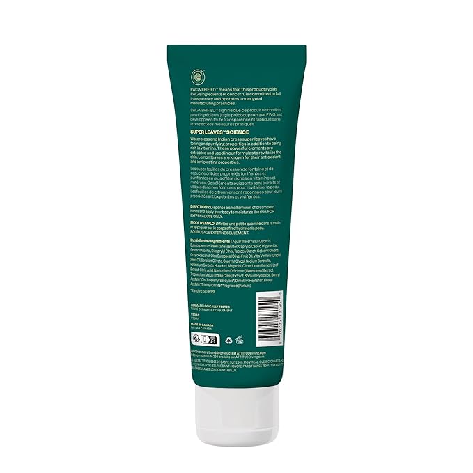 ATTITUDE Body Cream, EWG Verified Moisturizer, Vegan Moisturizing Products For Dry Skin, Dermatologically Tested, Lemon Leaves, 8 Fl Oz (Pack of 6)