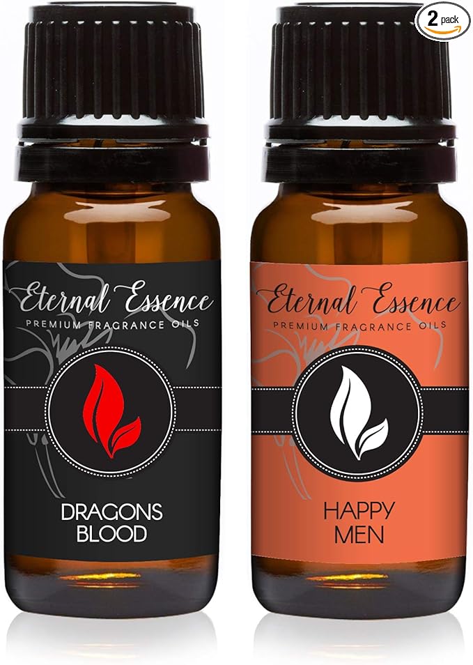 Eternal Essence Oils 2 Pack 10ml Premium Fragrance Oil - Dragons Blood & Happy Men - for Candle, Soap Making, Aromatherapy, Diffusers, Home Care, & Humidifiers