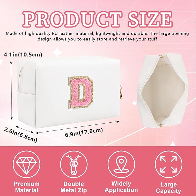 Personalized Initial Letter Patch Makeup Bag, Preppy Portable Chenille Cosmetic Bag with Zipper, PU Leather Waterproof Travel Toiletry Bag Monogram Make Up Pouch for Women Girls