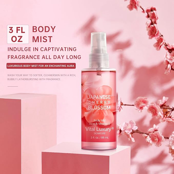 Japanese Cherry Blossom Spa Gift Set for Women and Girls, Bath and Body Care Kit with Gel, Lotion, Mist, Travel Size, with Natural Extracts - Body Care Kit for Birthday, Mother's Day, Christmas Gifts