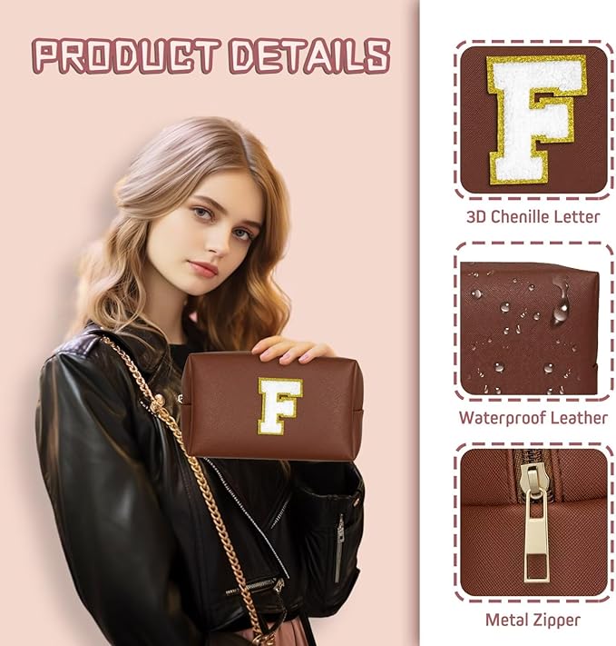TOPEAST Monogrammed Gift for Women Girls, Personalized Initial Makeup Bags Cosmetic Bag with Zipper, Cute Makeup Pouch, PU Leather Waterproof Toiletry Bag, Preppy Gifts Stuff for Girl (Brown E)