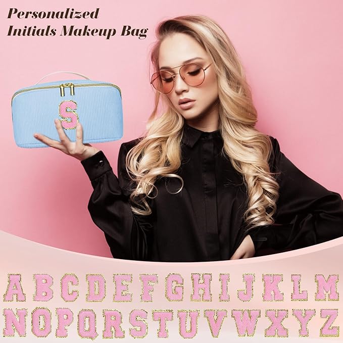 Personalized Initial Makeup Bag,Christmas Gifts for Girl,Preppy Bag Cosmetic Travel Bag Women,Travel Toiletry Organizer,Large Capacity Corduroy Stuff Bag,Cute Cosmetic Pouch Skincare Bag-Q