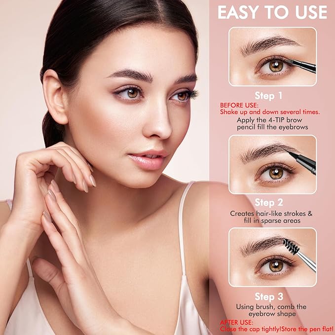 Eyebrow Pencil,2-in-1 Waterproof Eyebrow Pen with 4 Tip Brow Pen and Ultra-Precise Brow Pencil,with Dual-ended Eyebrow Brush,Eyebrow Makeup for Natural Looking Eyebrows-Medium Brown