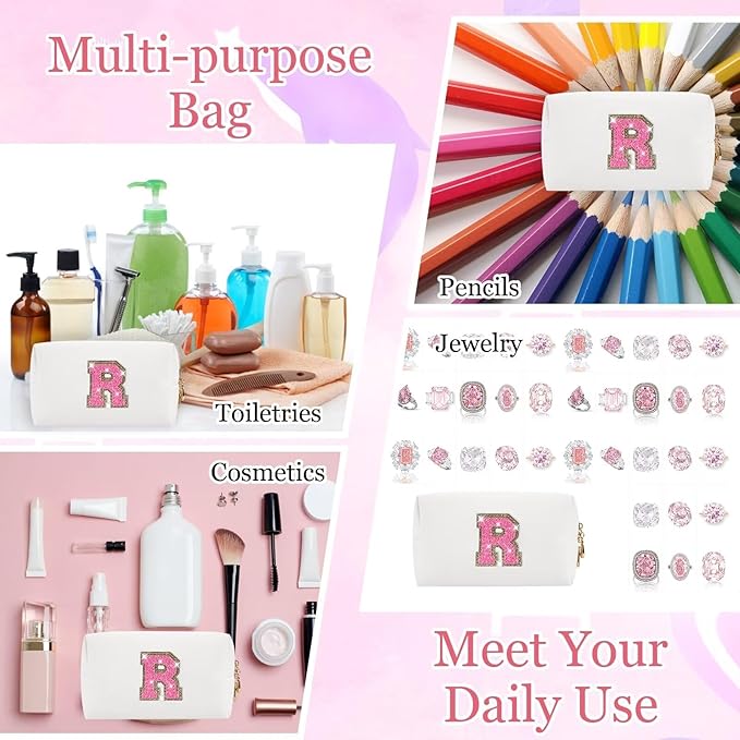 Small Personalized Glitter Initial Letter Makeup Bag, Cute PU Leather Chenille Letters Cosmetic Bag Travel Makeup Pouch, Preppy Travel Organizer Zipper Pouch for Women&Girls（WhiteRosePink-R）