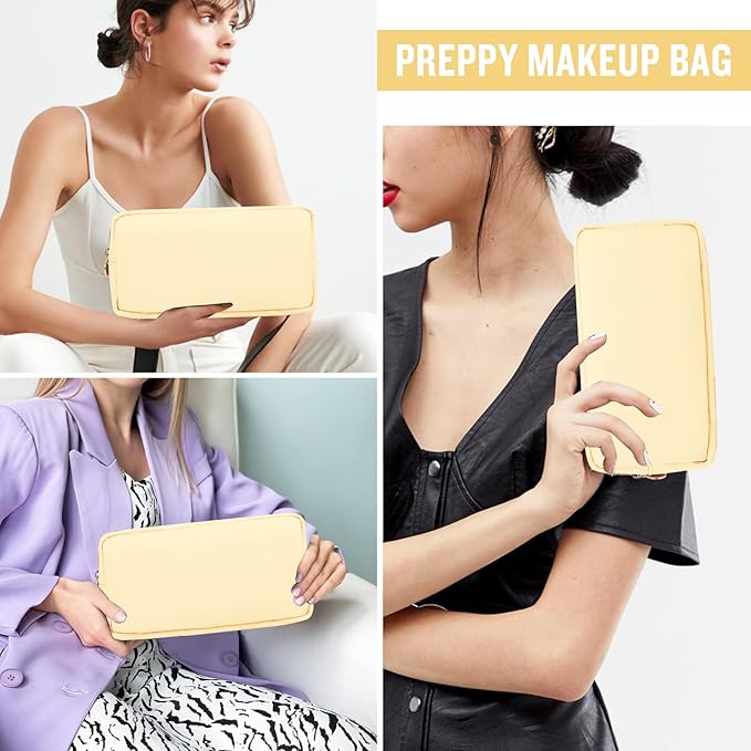 Nylon Small Makeup Bag for Purse, Cute Preppy Makeup Bag Cosmetic Zipper Pouch Purse, Waterproof Portable Travel Toiletry Bag Coin Pouch Clutch Makeup Brush Bag Organizer Storage for Women Men(Beige)