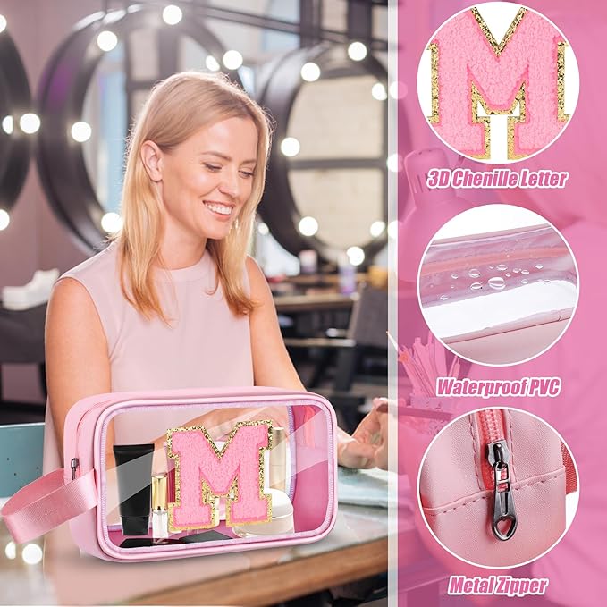 Initial Makeup Bag,Letter M Cute Clear Monogrammed Cosmetic Travel Bag for Womens Girls,Personalized Pink Aesthetic Traveling Make Up Organizer Bag for Beach,Waterproof Toiletry Bag