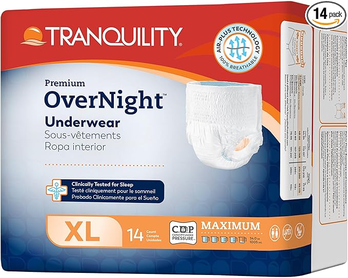 Tranquility Premium Overnight Disposable Absorbent Underwear (14 Count) - XL, 48-66 in. Waist - Maximum Absorbency, All-Night Sleep, Breathable Comfort, Adult Diapers