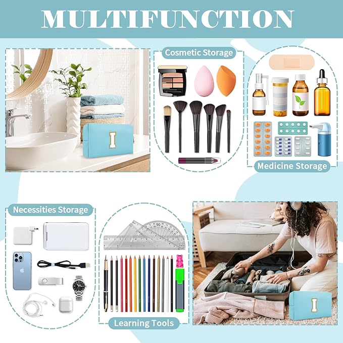 Small Personalized Initial A-Z Preppy Patch Makeup Bag,PU Chenille Letter Travel Cosmetic Pouch with Zipper,Blue Cute Toiletry Bag,Gift Ideal for Teen Girls Women Teacher Bridesmaid,Letter I