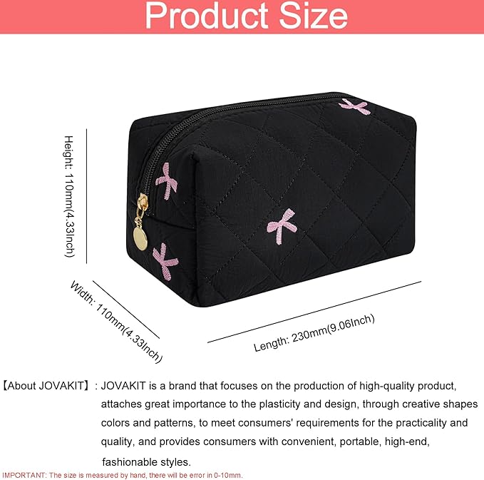 JOVAKIT Square Makeup Bag Cute Cosmetic Bag for Women, Floral Coquette Aesthetic Toiletry Bag, Zipper Make Up Pouch, Travel Make Up Organizer Bag (Pink Floral+Black)