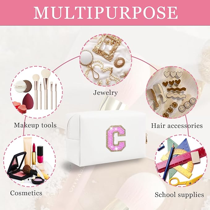 Personalized Initial Letter Makeup Bag, Preppy Glitter Letter Patch Cosmetic Pouch Zipper,PU Waterproof Travel Toiletry Bag Cute Makeup Organizer Monogrammed Make Up Bag,Gift for Women Girls