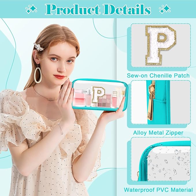Personalized Initial Letter Clear Makeup Bag,Preppy Small Nylon&PVC Cosmetic Zipper Bag with Chenille Letter,Portable Beach Travel Skincare Toiletry Bag,Trendy Monogram Gift for Teen Girls Women,P