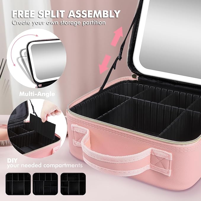 Makeup Bag with Mirror and Light, Travel Makeup Train Case with LED Lighted Removable Mirror, Portable Cosmetic Organizer Make up Bag with 3 Colors Dimming Light, Adjustable Dividers & Brush Board