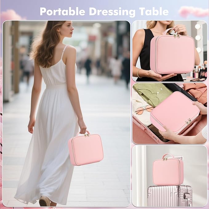 Makeup Bag with Mirror and Light, Travel Makeup Train Case with LED Lighted Removable Mirror, Portable Cosmetic Organizer Make up Bag with 3 Colors Dimming Light, Adjustable Dividers & Brush Board