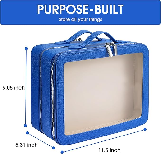 Clear Makeup Bag,Large Toiletry Case for Women,PU Leather Travel Cosmetic Bag,Detachable Makeup Case,Double Compartment Make up Organizer