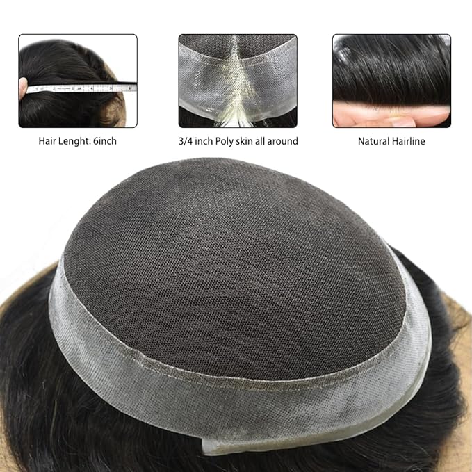 FACE MIRACLE Mens Toupee Lace Front Hairpieces Soft Human Hair Replacement System Toupee for Men French Lace Poly V-Looped Mens hair Units 6"X8" #1B10 1B# OFF BLACK WITH 10% SYNTHETIC GREY