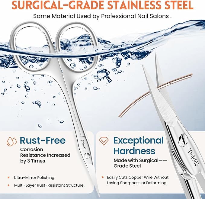 THRAU Right-Handed Cuticle Scissors – Surgical Grade Stainless Steel with Sharp Curved Tip for Cuticles, Nails, Eyebrows, Eyelashes, Nose Hair & Beard – Ideal for Manicure & Precise Grooming