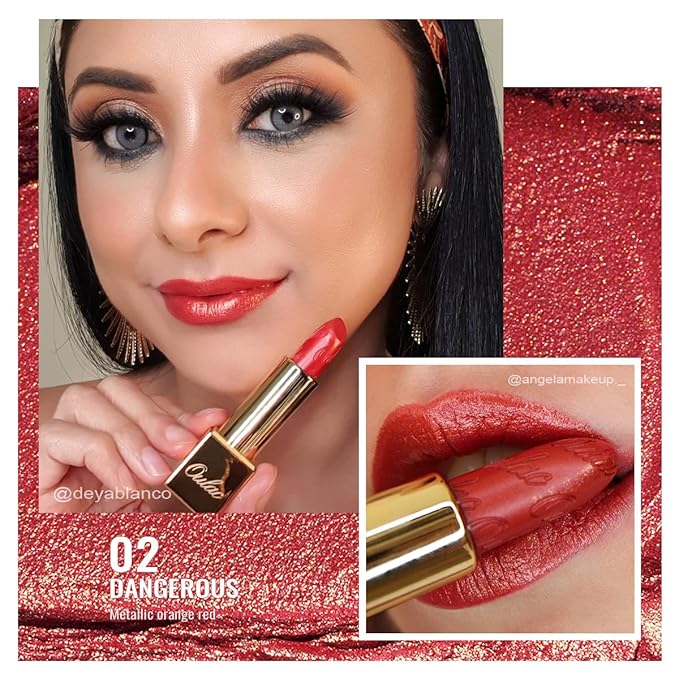 Oulac Orange Red Lipstick for Women with Metallic 3D Shine Lightweight Hydrating Formula, High Impact Lip Color, Vegan Beauty, Full Coverage Lip Makeup, Christmas Gifts for Women, Dangerous(02)