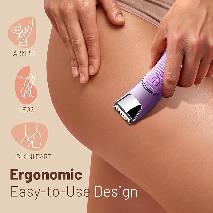Bikini Trimmer for Women: Pubic Hair Razor with Mirror & LED Light, Electric Shaver with Ceramic Blades & Travel Lock - Body Groomer IPX7 Waterproof Use for Legs/Arm/Underarm - Purple